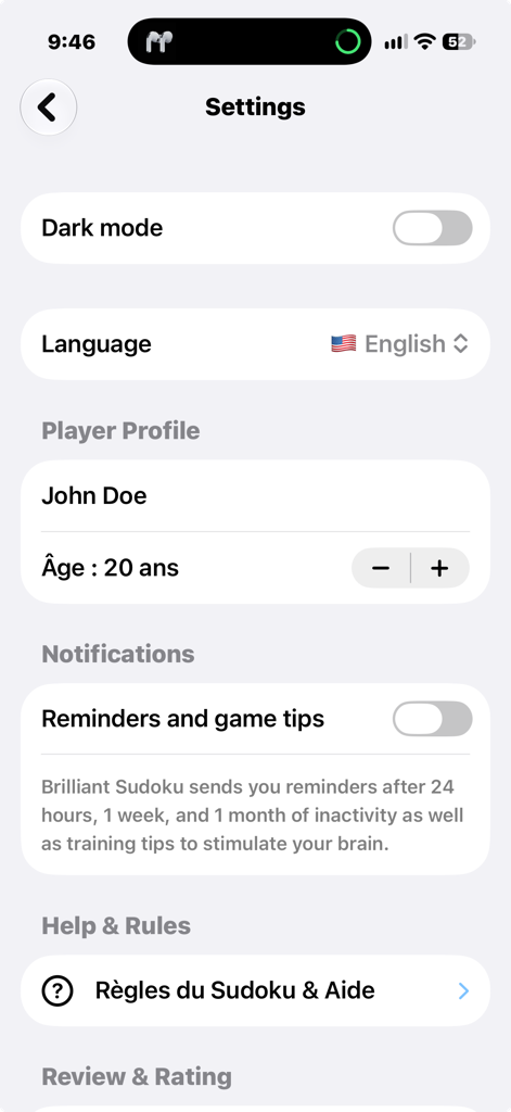 Brilliant Sudoku Settings, Player Profile and Customization